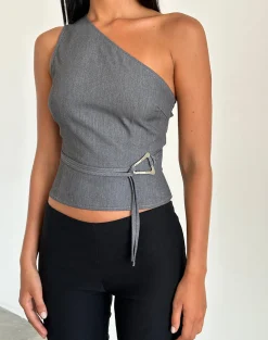 Motel Rocks Tailoring | Going Out Tops-Sayaka One Shoulder Top in Tailoring Charcoal