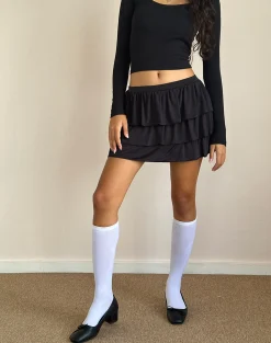 Motel Rocks A Line Skirts | Mini Skirts-Sefone Tiered Mini Skirt in Slinky Black