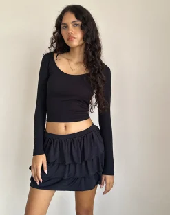Motel Rocks A Line Skirts | Mini Skirts-Sefone Tiered Mini Skirt in Slinky Black