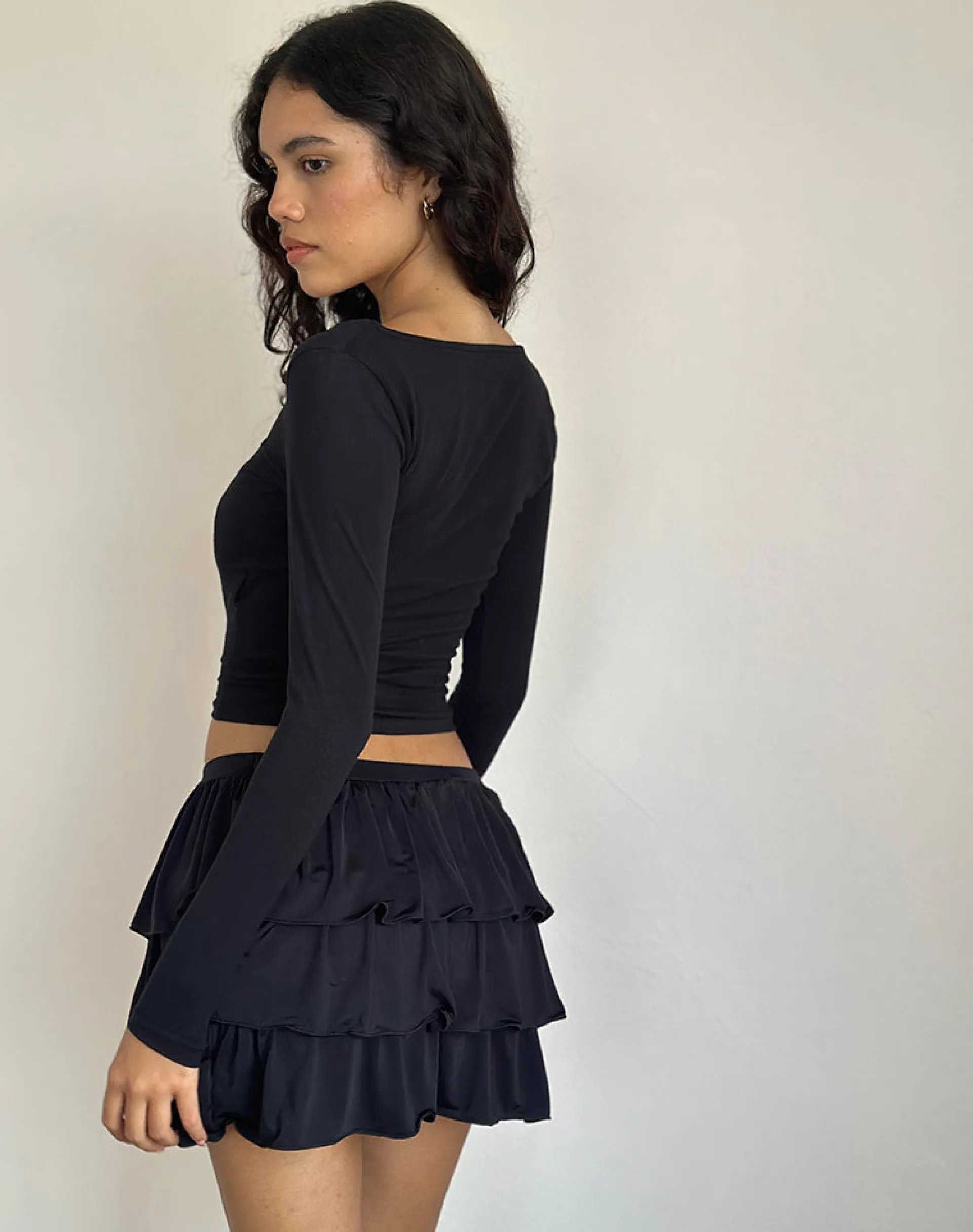 Motel Rocks A Line Skirts | Mini Skirts-Sefone Tiered Mini Skirt in Slinky Black