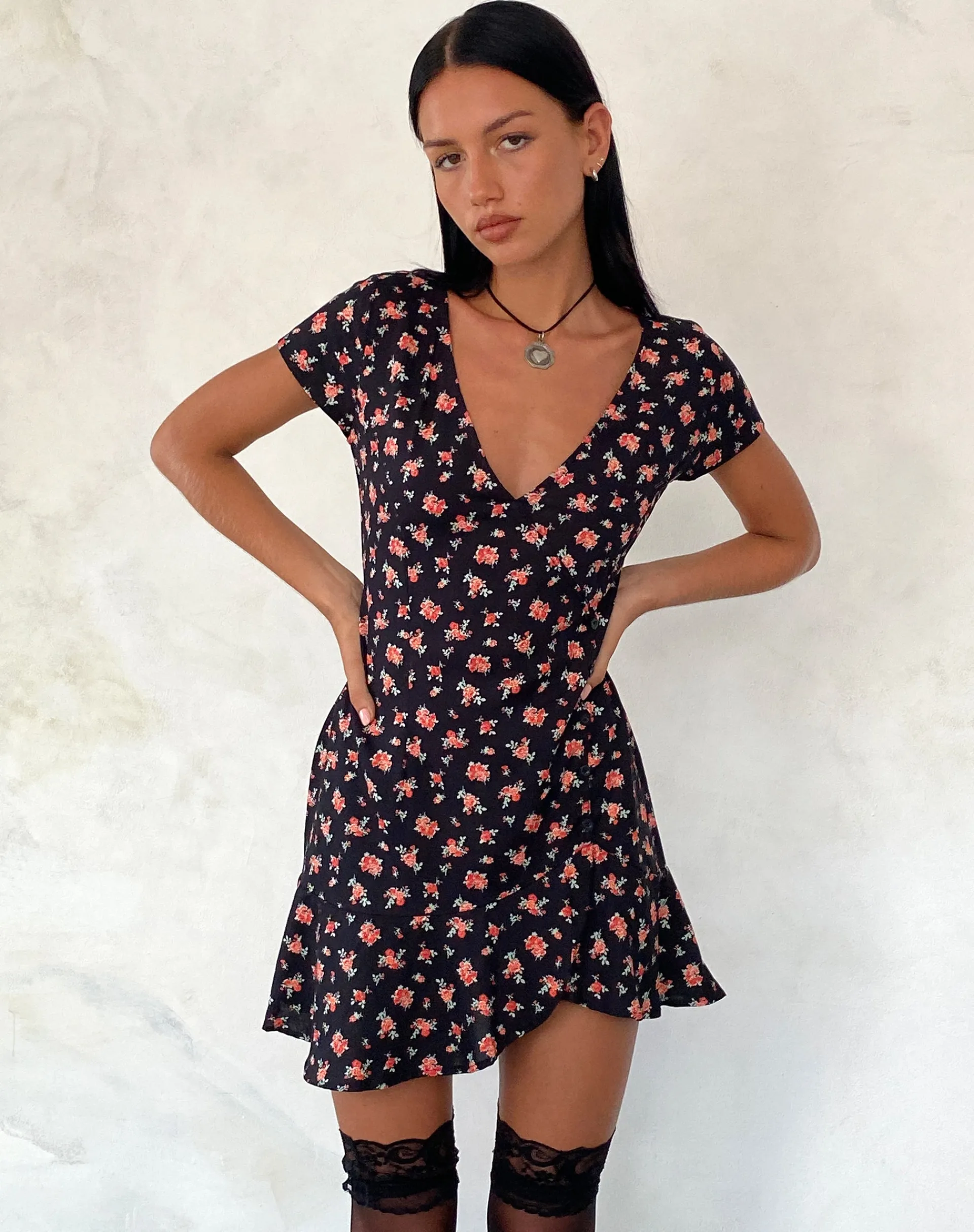 Motel Rocks Printed Dresses | Day Dresses-Seleg Mini Dress in Flowing Rose Black