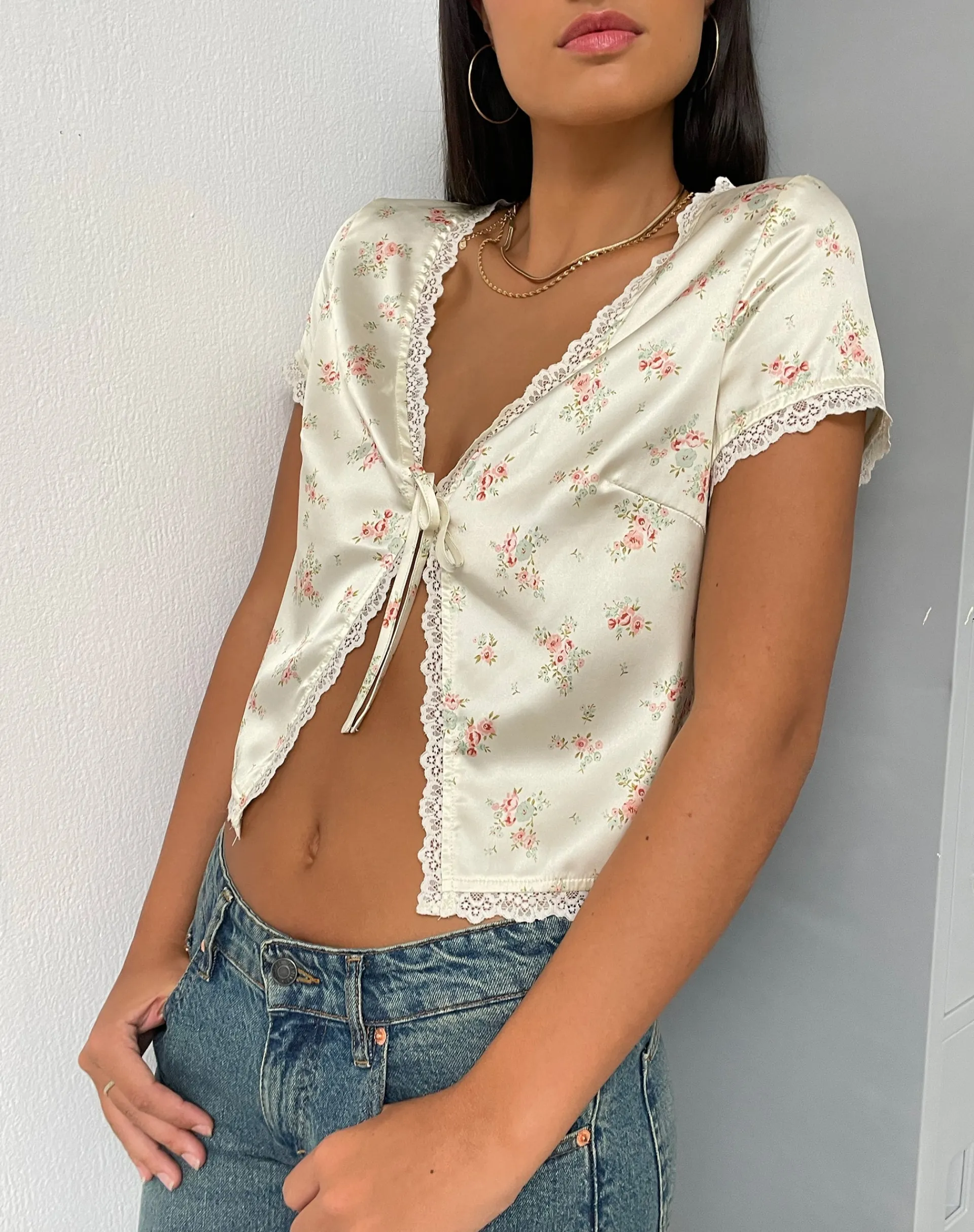 Motel Rocks Printed Tops-Selene Tie Front Top in Satin Vintage Rose Garland SatinVintageRoseGarland