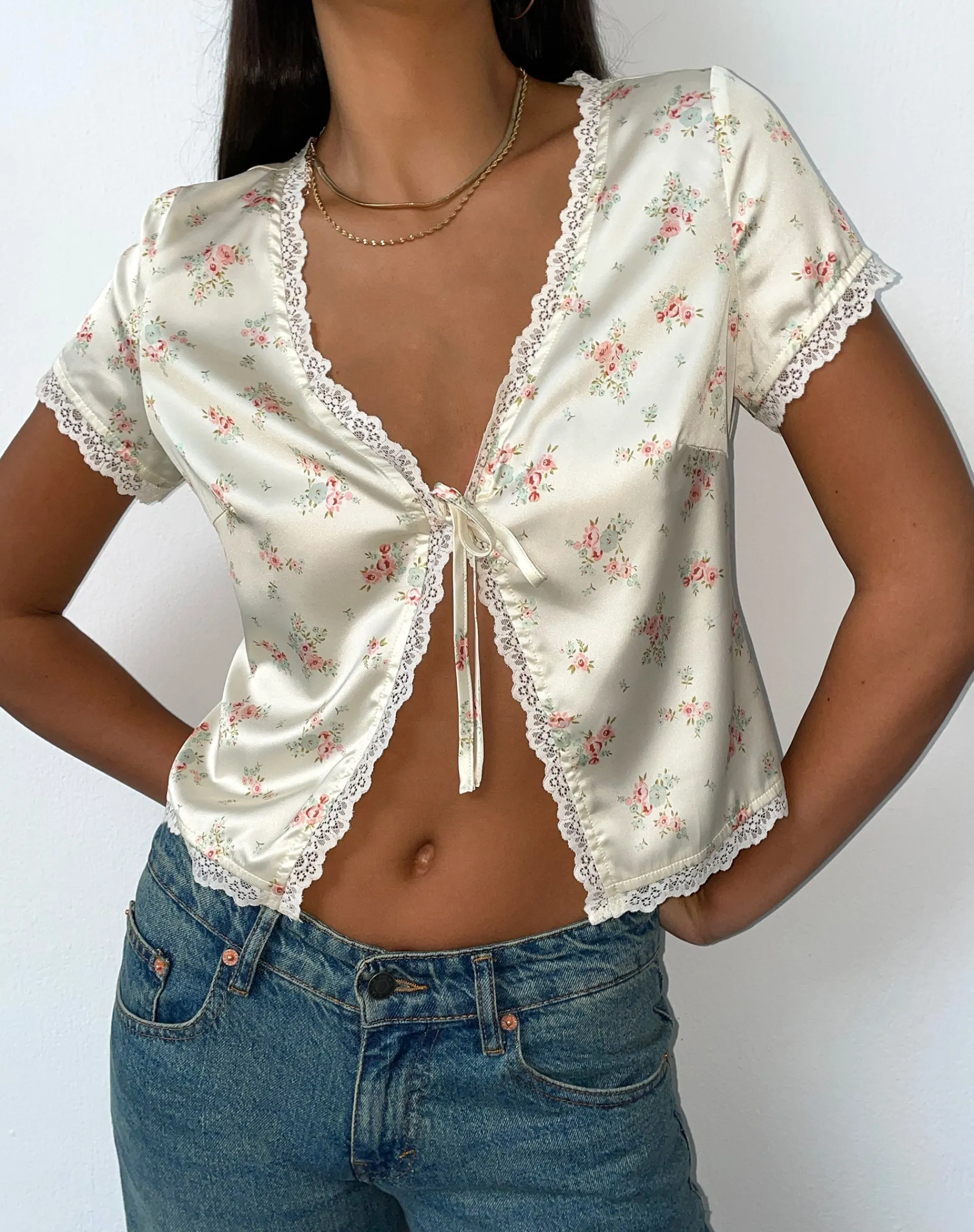 Motel Rocks Printed Tops-Selene Tie Front Top in Satin Vintage Rose Garland SatinVintageRoseGarland