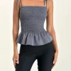 Motel Rocks Strappy Tops | Going Out Tops-Seora Tie Shoulder Shirred Top in Grey