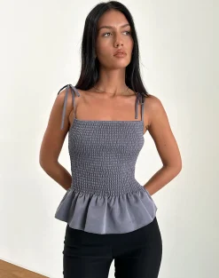 Motel Rocks Strappy Tops | Going Out Tops-Seora Tie Shoulder Shirred Top in Grey