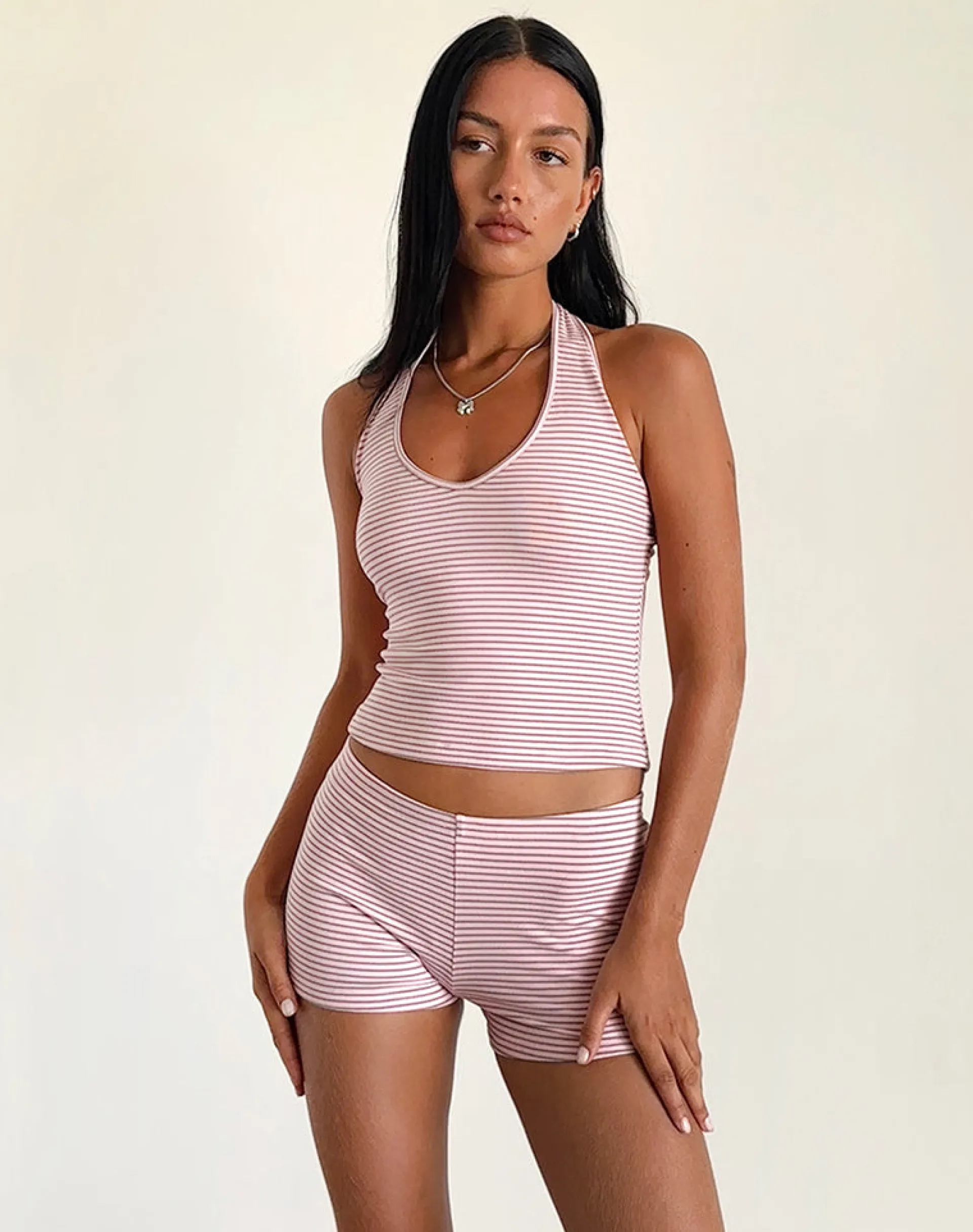 Motel Rocks Loungewear | Micro Shorts-Sera Micro Short in Pink and Grey Jersey Stripe PinkandGreyJerseyStripe