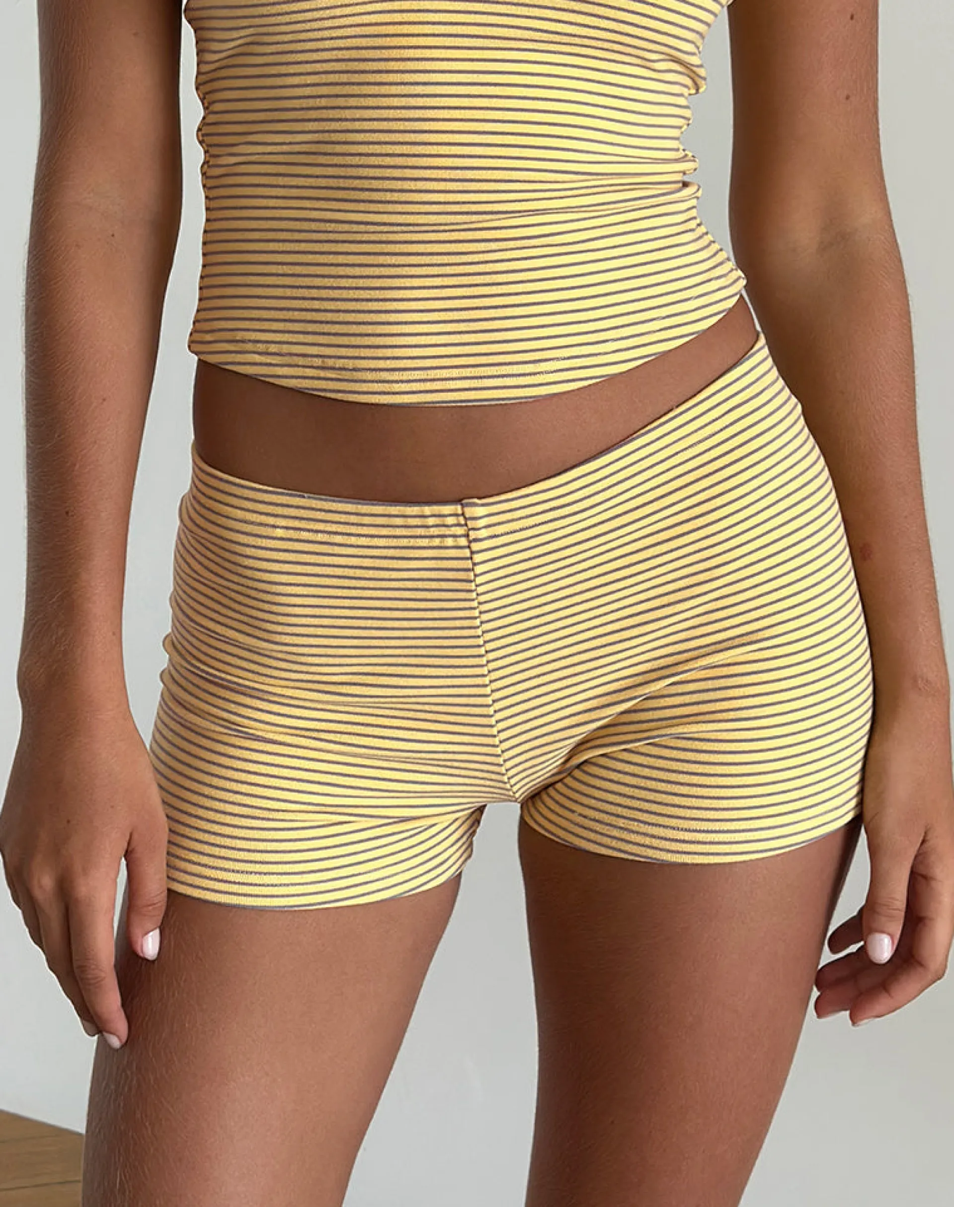 Motel Rocks Loungewear | Micro Shorts-Sera Micro Shorts in Stripe Jersey Yellow Grey StripeJerseyYellowandGrey