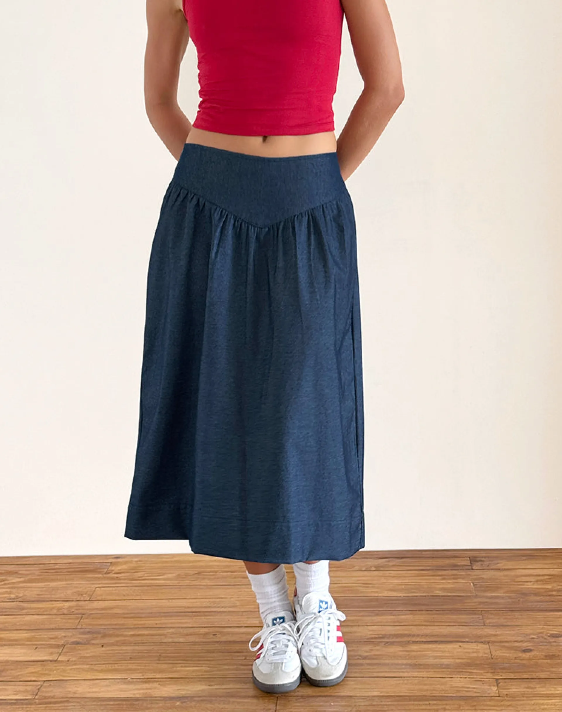 Motel Rocks Midi Skirts-Seraya Midi Skirt in Denim Chambray Indigo