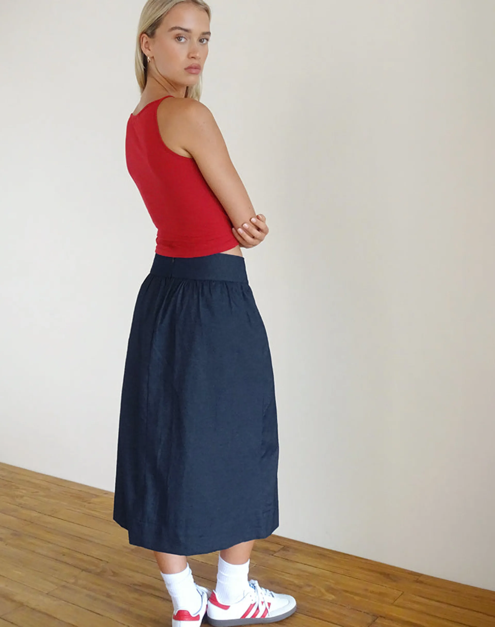 Motel Rocks Midi Skirts-Seraya Midi Skirt in Denim Chambray Indigo