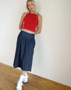 Motel Rocks Midi Skirts-Seraya Midi Skirt in Denim Chambray Indigo