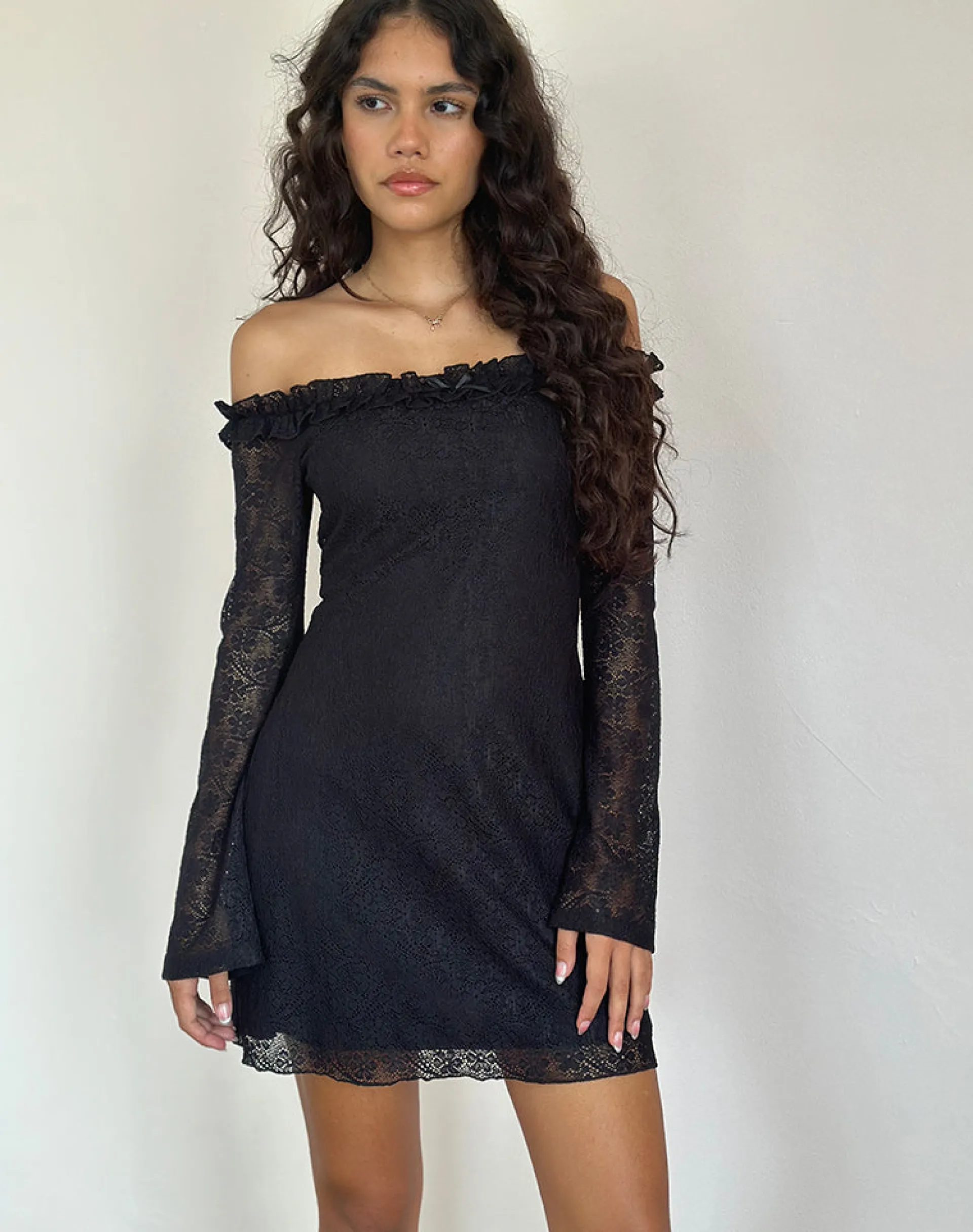 Motel Rocks Long Sleeve Dresses | Little Black Dresses-Severine Bardot Mini Dress Lace Black