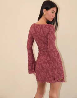 Motel Rocks Printed Dresses | Long Sleeve Dresses-Sevila Dress in Maroon Burnout Mesh MaroonBurnoutMesh