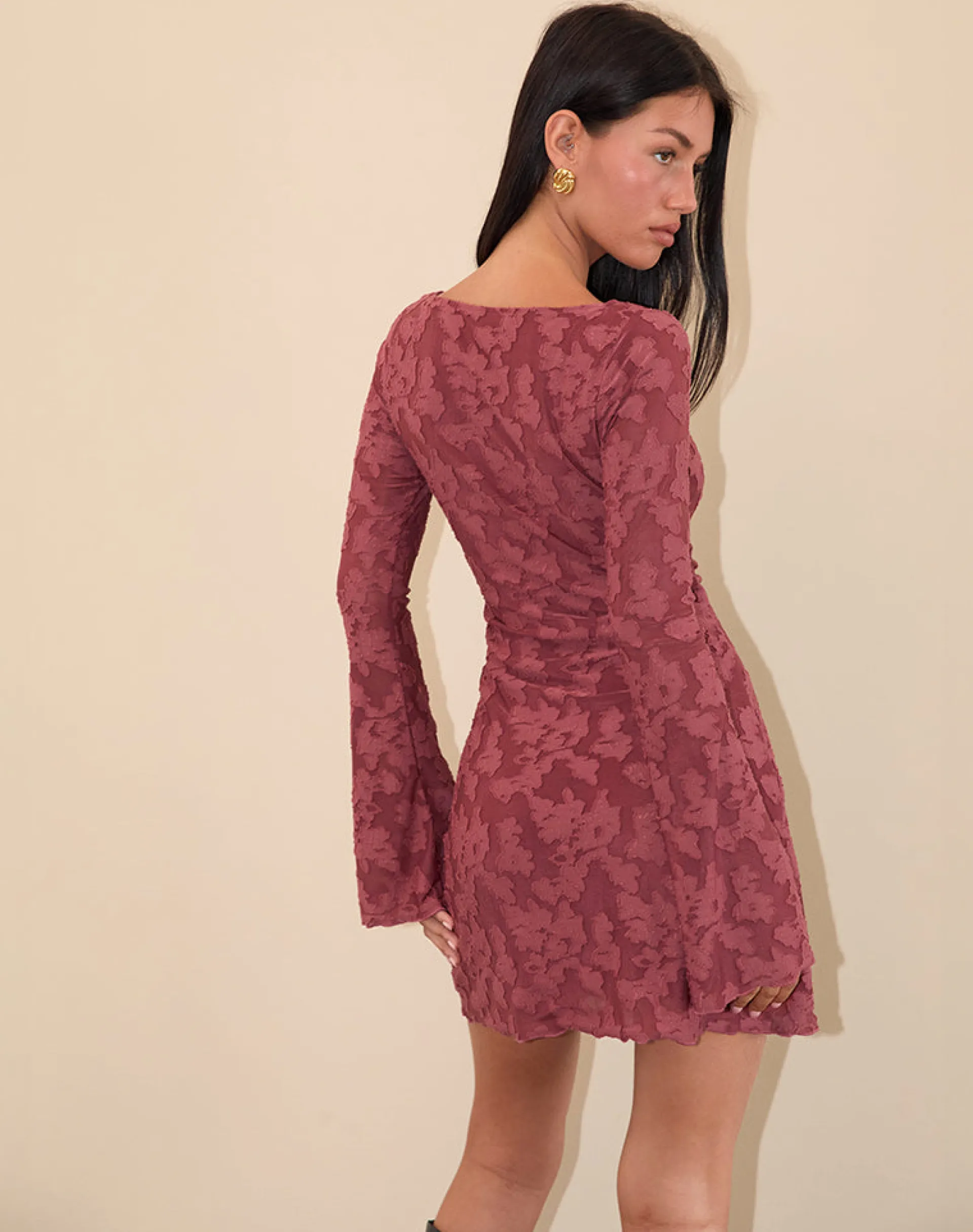Motel Rocks Printed Dresses | Long Sleeve Dresses-Sevila Dress in Maroon Burnout Mesh MaroonBurnoutMesh