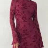 Motel Rocks Printed Dresses | Bodycon Dresses-Sevila Long Sleeve Mini Dress in Flocked Botanical Flower Maroon FlockedBotanicalFlowerMaroon