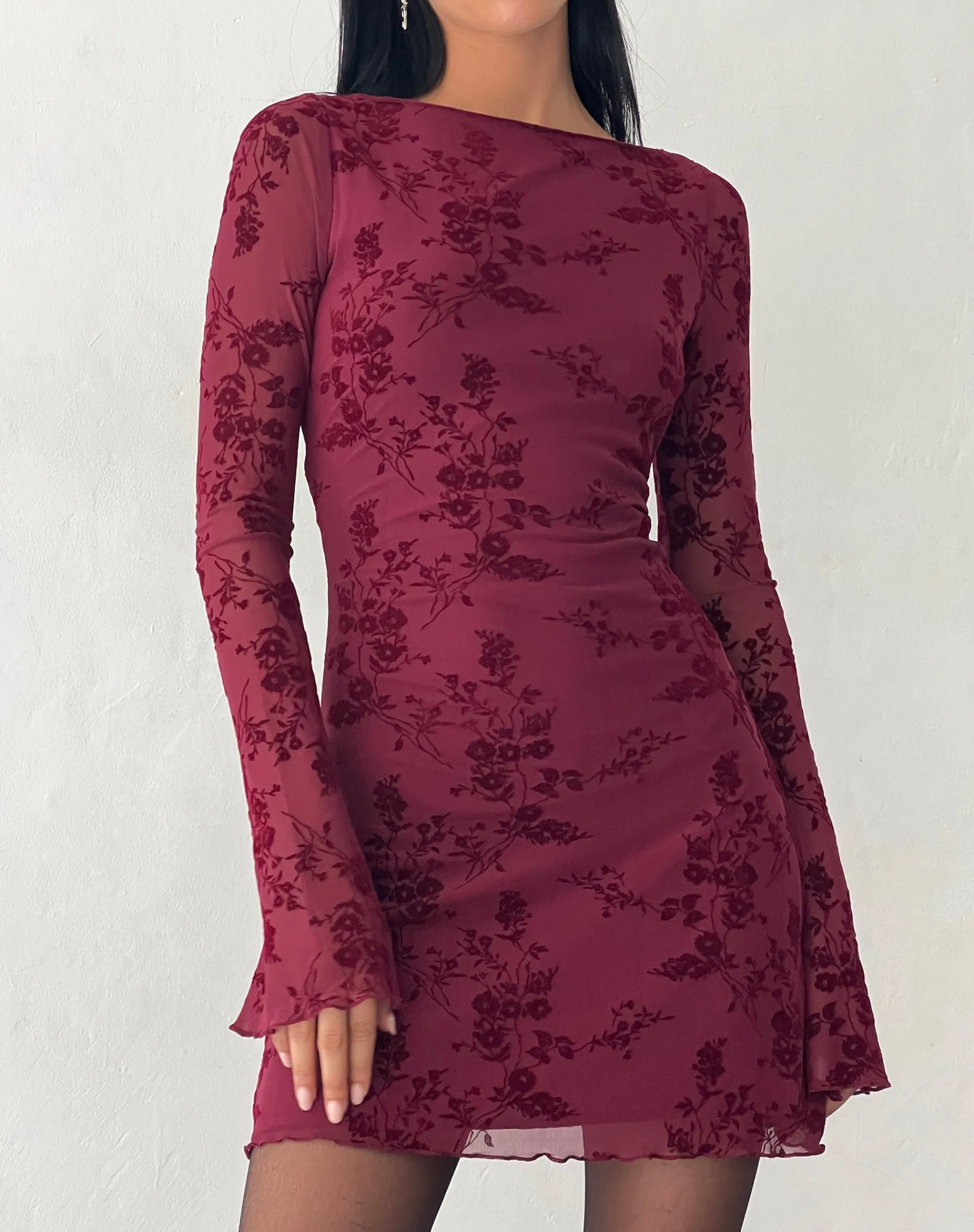Motel Rocks Printed Dresses | Bodycon Dresses-Sevila Long Sleeve Mini Dress in Flocked Botanical Flower Maroon FlockedBotanicalFlowerMaroon