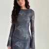 Motel Rocks Printed Dresses | Day Dresses-Sevila Long Sleeve Mini Dress in Faded Botanical Green FadedBotanicalGreen