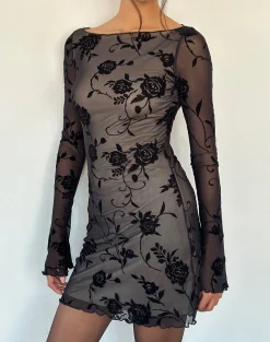 Motel Rocks Printed Dresses | Day Dresses-Sevila Long Sleeve Mini Dress in Black Rose Flock BlackRoseFlock