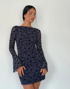 Motel Rocks Bodycon Dresses | Long Sleeve Dresses-Sevila Long Sleeve Mini Dress in Flocked Petal Navy FlockedPetalNavy