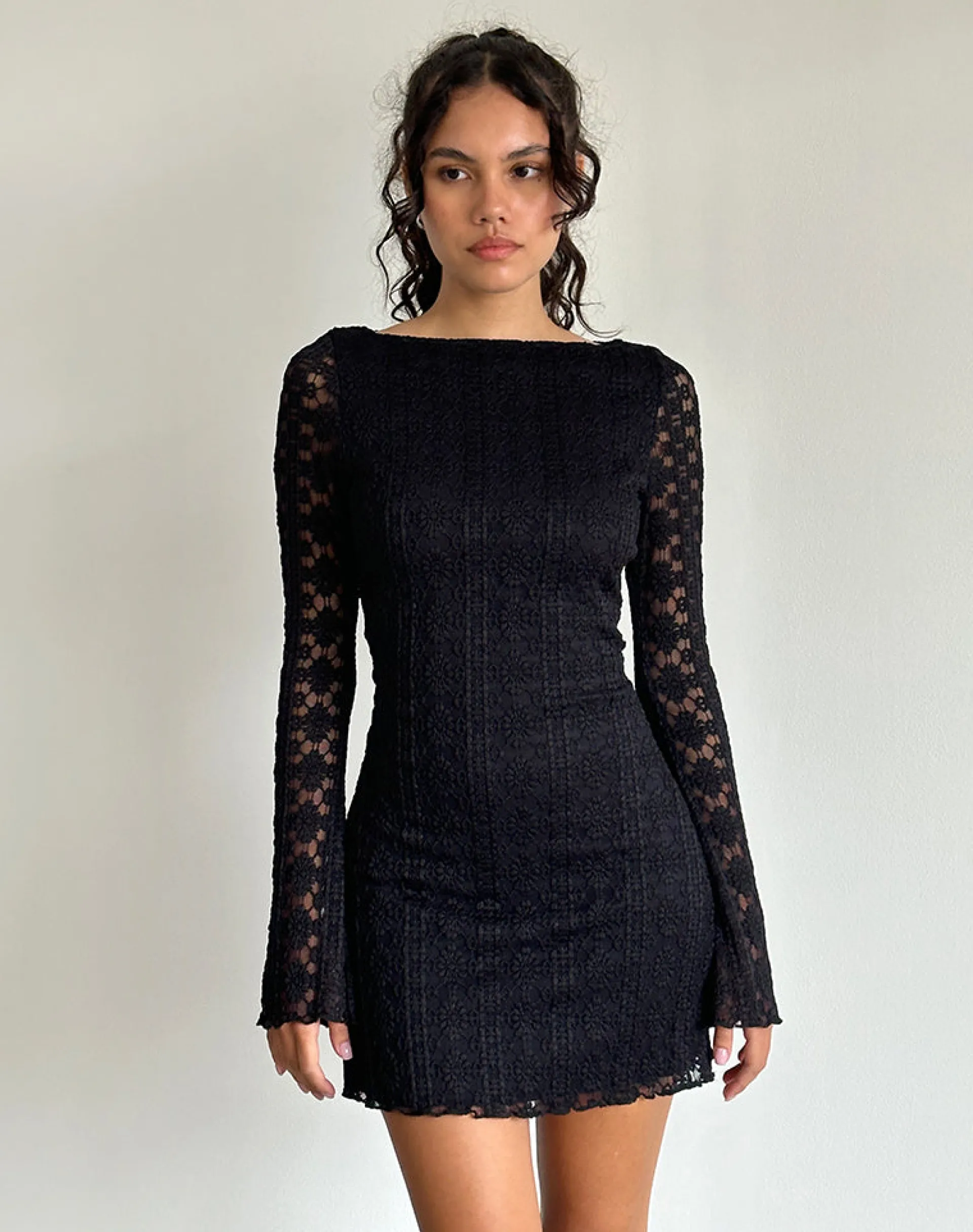 Motel Rocks Bodycon Dresses | Little Black Dresses-Sevila Long Sleeve Mini Dress in Regal Lace Black RegalLaceBlack