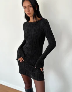 Motel Rocks Bodycon Dresses | Long Sleeve Dresses-Sevila Long Sleeve Mini Dress in Crinkle Black CrinkleBlack