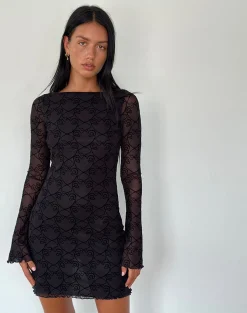 Motel Rocks Long Sleeve Dresses | Bodycon Dresses-Sevila Long Sleeve Mini Dress in Black Queen of Heart Flock BlackQueenofHeartFlock