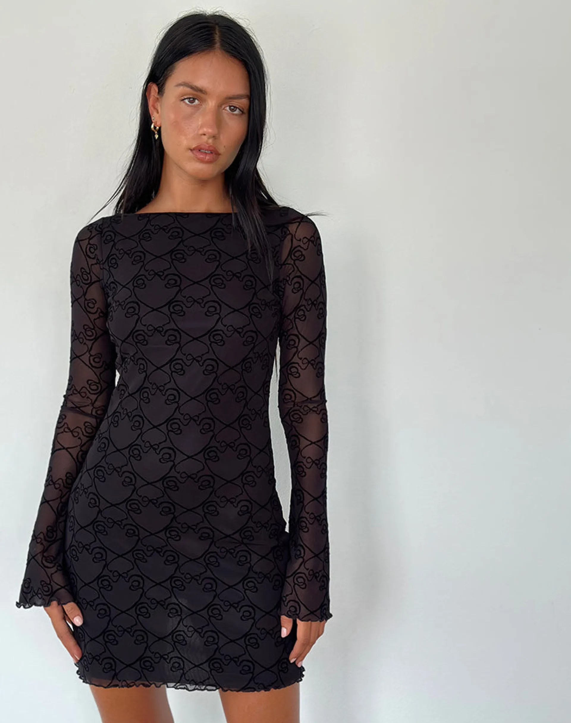Motel Rocks Long Sleeve Dresses | Bodycon Dresses-Sevila Long Sleeve Mini Dress in Black Queen of Heart Flock BlackQueenofHeartFlock