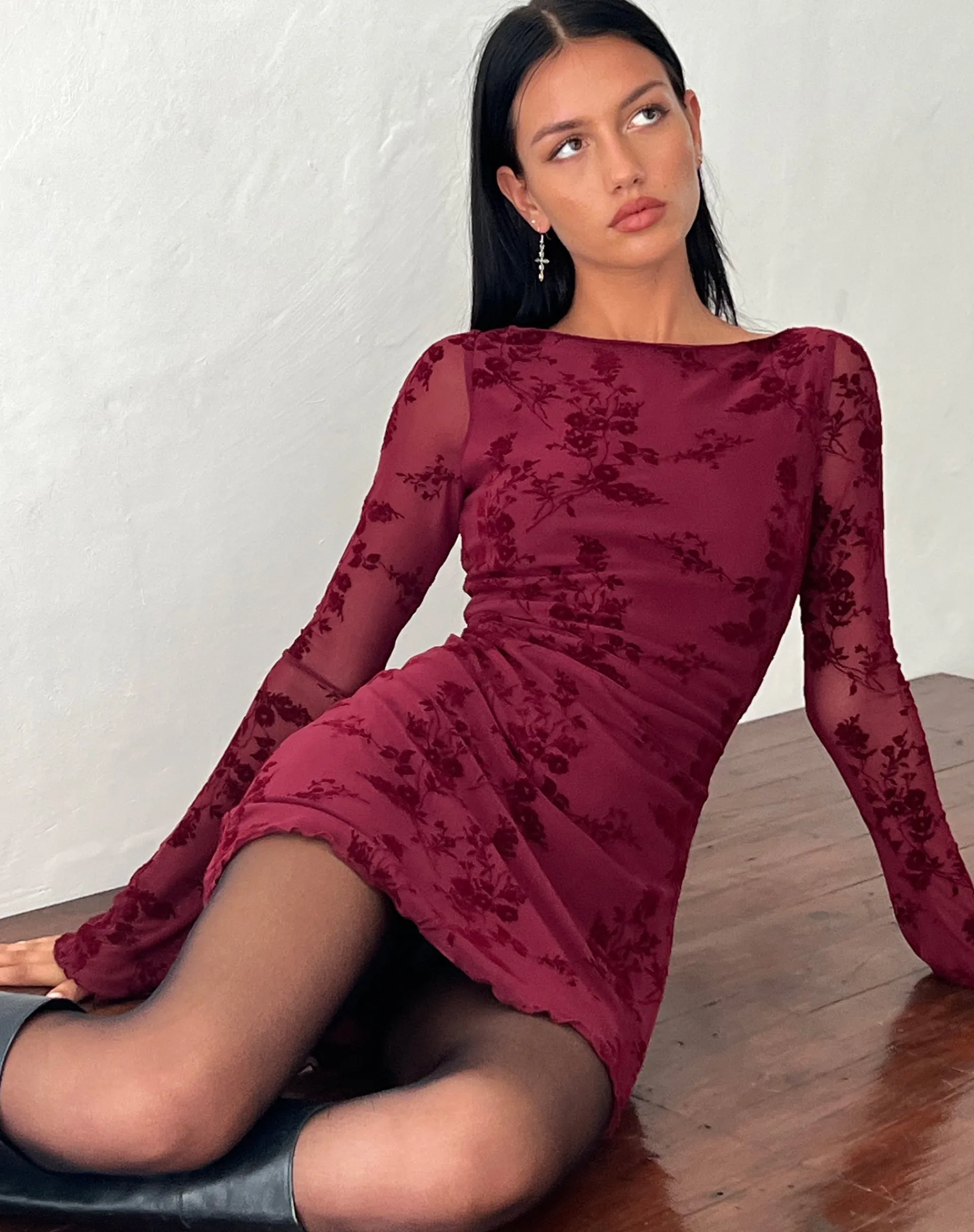 Motel Rocks Printed Dresses | Bodycon Dresses-Sevila Long Sleeve Mini Dress in Flocked Botanical Flower Maroon FlockedBotanicalFlowerMaroon