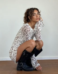 Motel Rocks Printed Dresses | Day Dresses-Sevila Long Sleeve Mini Dress in Stem Flower Flock Brown StemFlowerFlockBrown