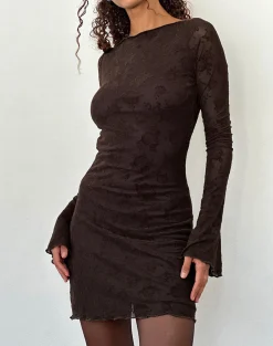 Motel Rocks Printed Dresses | Bodycon Dresses-Sevila Long Sleeve Mini Dress in Romantic Rose Flock Brown RomanticRoseFlockBrown