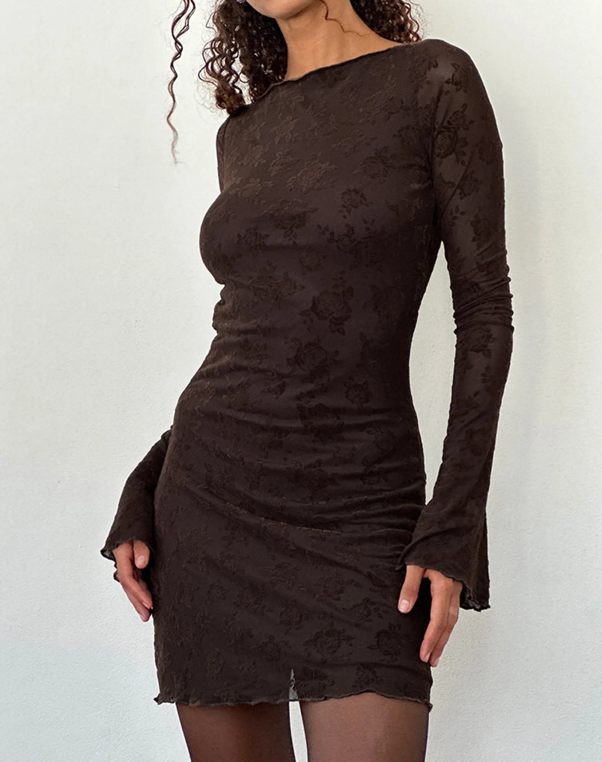 Motel Rocks Printed Dresses | Bodycon Dresses-Sevila Long Sleeve Mini Dress in Romantic Rose Flock Brown RomanticRoseFlockBrown