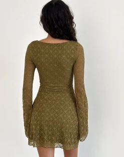 Motel Rocks Basics | Day Dresses-Sevila Long Sleeve Mini Dress in Textured Moss Green TexturedMossGreen