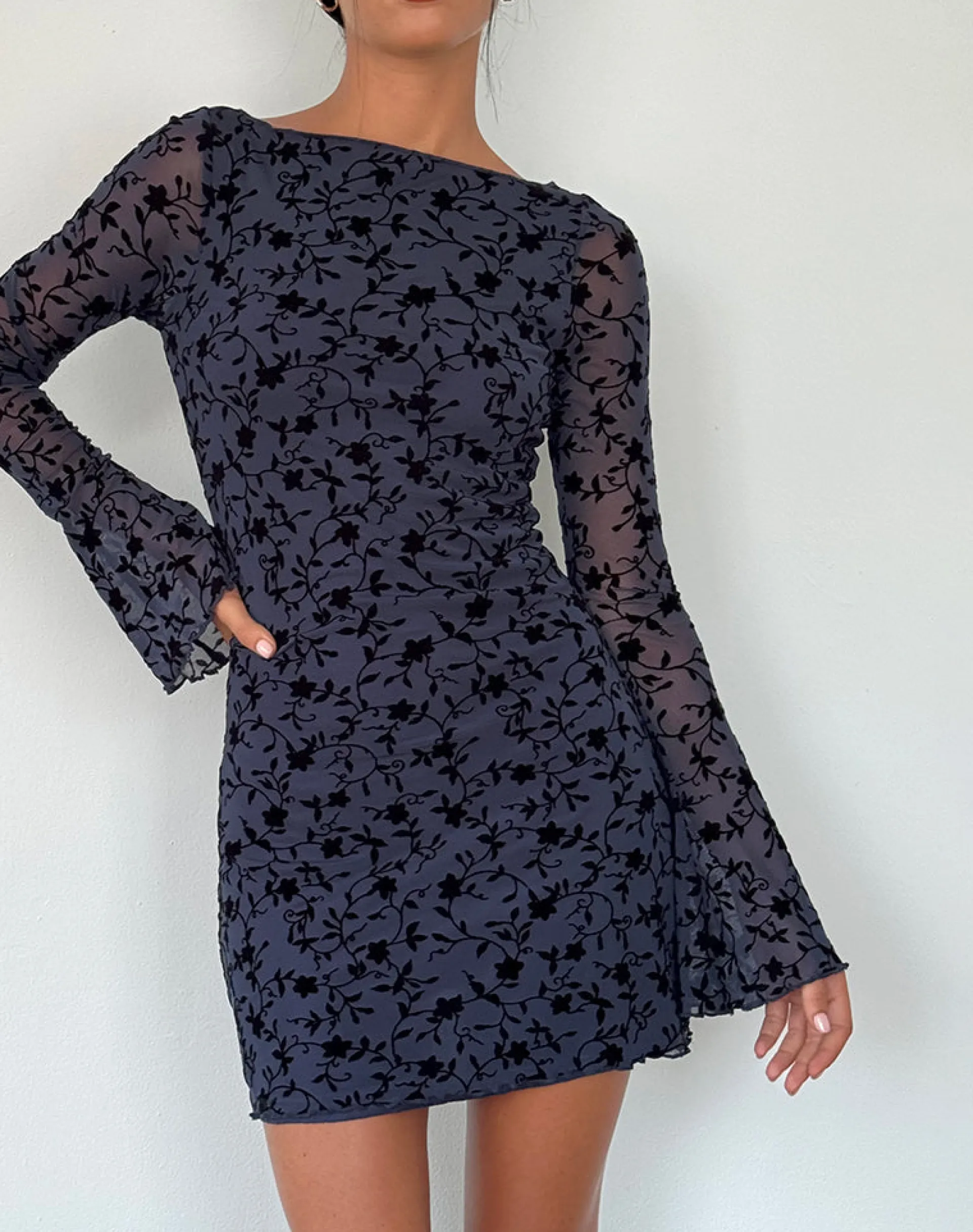 Motel Rocks Bodycon Dresses | Long Sleeve Dresses-Sevila Long Sleeve Mini Dress in Flocked Petal Navy FlockedPetalNavy