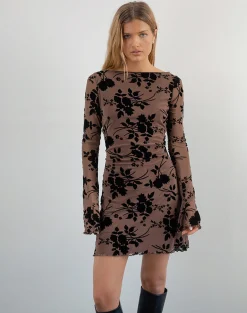 Motel Rocks Bodycon Dresses | Long Sleeve Dresses-Sevila Long Sleeve Mini Dress in Flock Brown FlockBrown