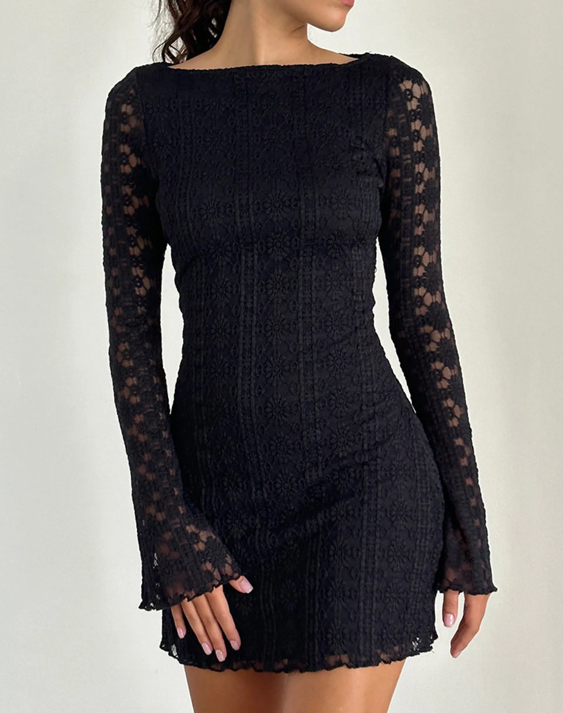 Motel Rocks Bodycon Dresses | Little Black Dresses-Sevila Long Sleeve Mini Dress in Regal Lace Black RegalLaceBlack
