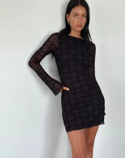 Motel Rocks Long Sleeve Dresses | Bodycon Dresses-Sevila Long Sleeve Mini Dress in Black Queen of Heart Flock BlackQueenofHeartFlock