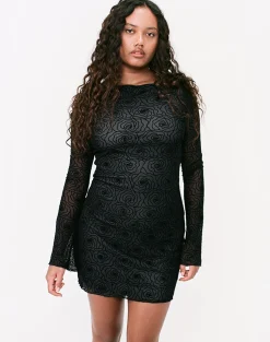 Motel Rocks Printed Dresses | Bodycon Dresses-Sevila Long Sleeve Mini Dress in Mesh Black Abstract Flower Flock meshblackabstractflowerflock