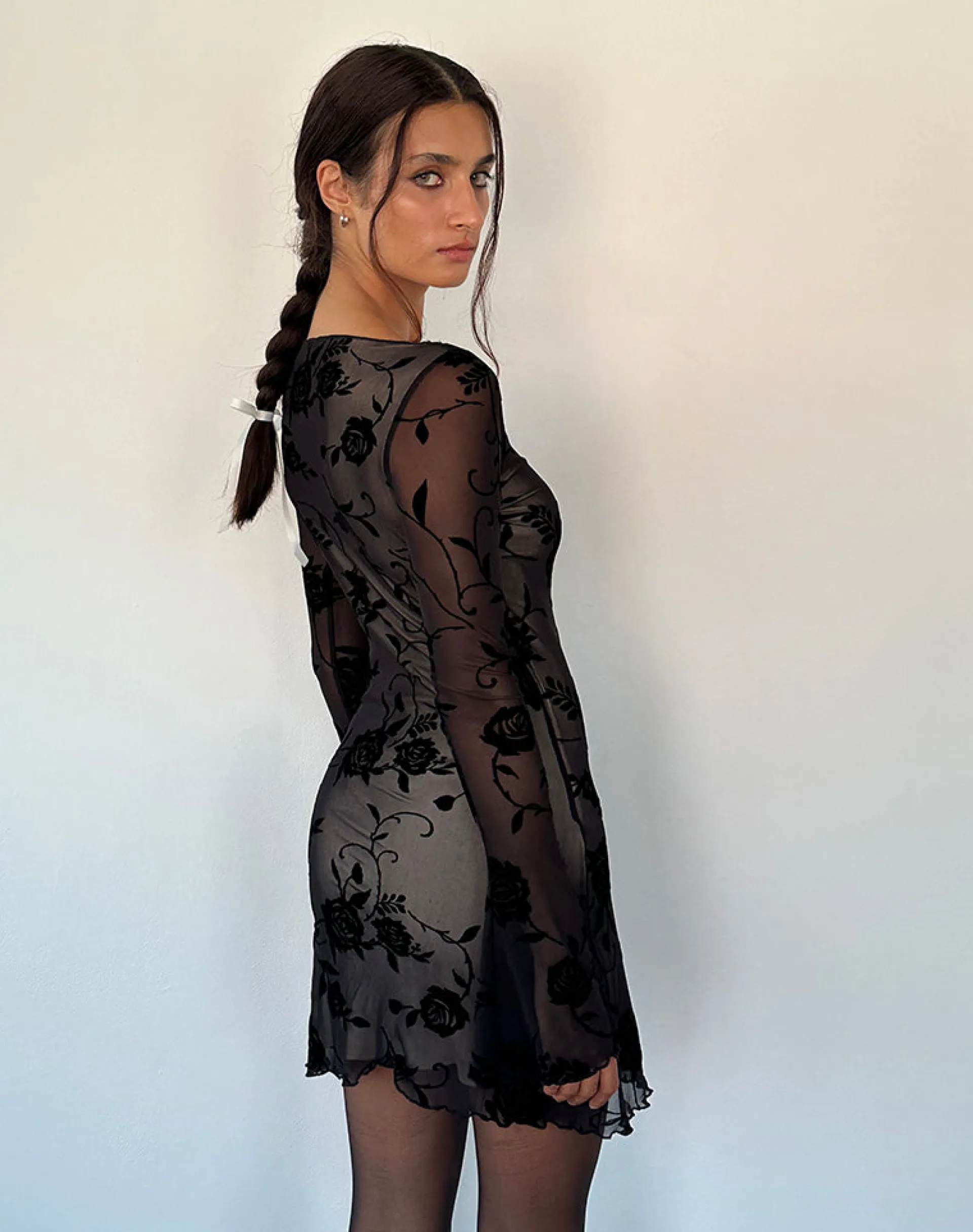 Motel Rocks Printed Dresses | Day Dresses-Sevila Long Sleeve Mini Dress in Black Rose Flock BlackRoseFlock