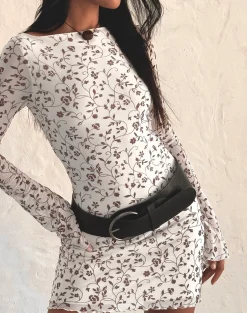 Motel Rocks Printed Dresses | Day Dresses-Sevila Long Sleeve Mini Dress in Stem Flower Flock Brown StemFlowerFlockBrown