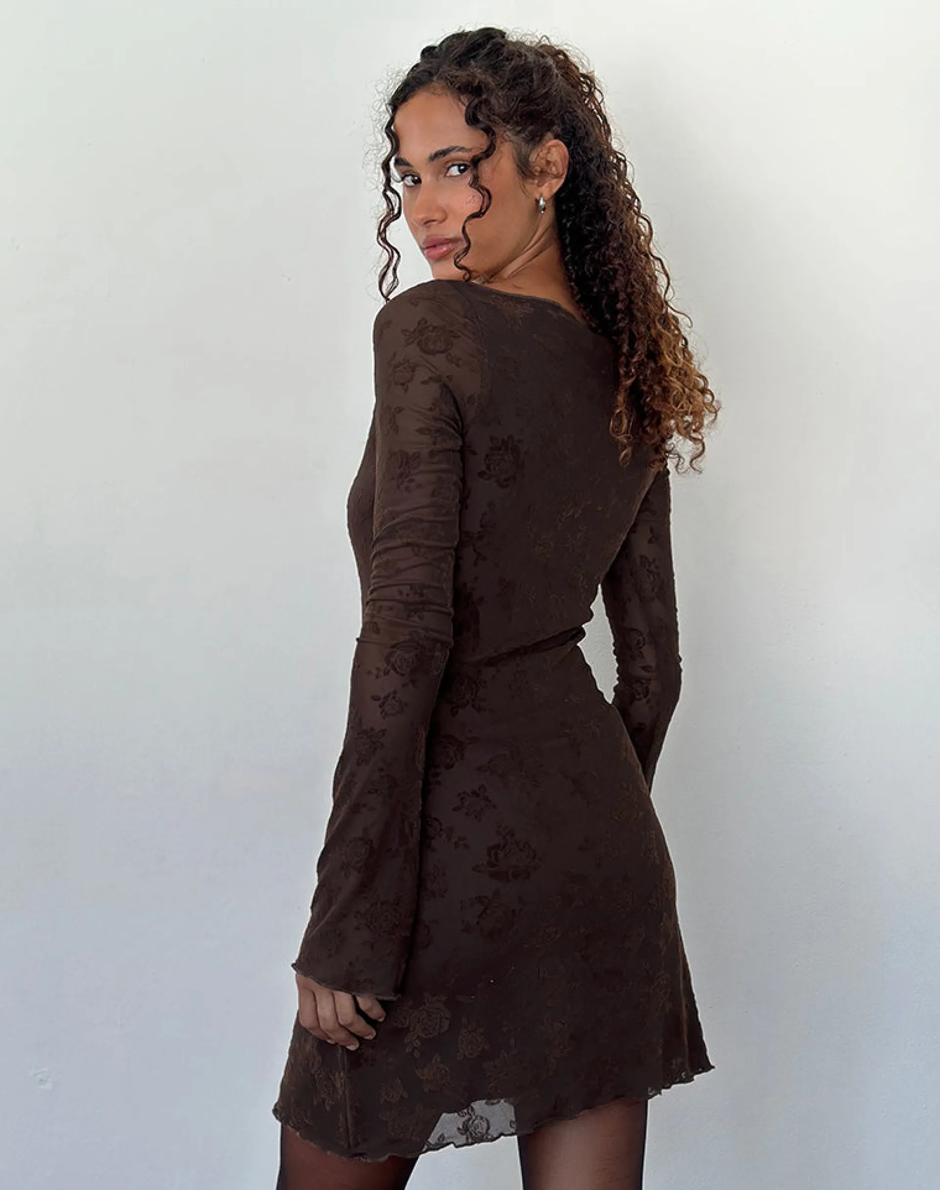 Motel Rocks Printed Dresses | Bodycon Dresses-Sevila Long Sleeve Mini Dress in Romantic Rose Flock Brown RomanticRoseFlockBrown