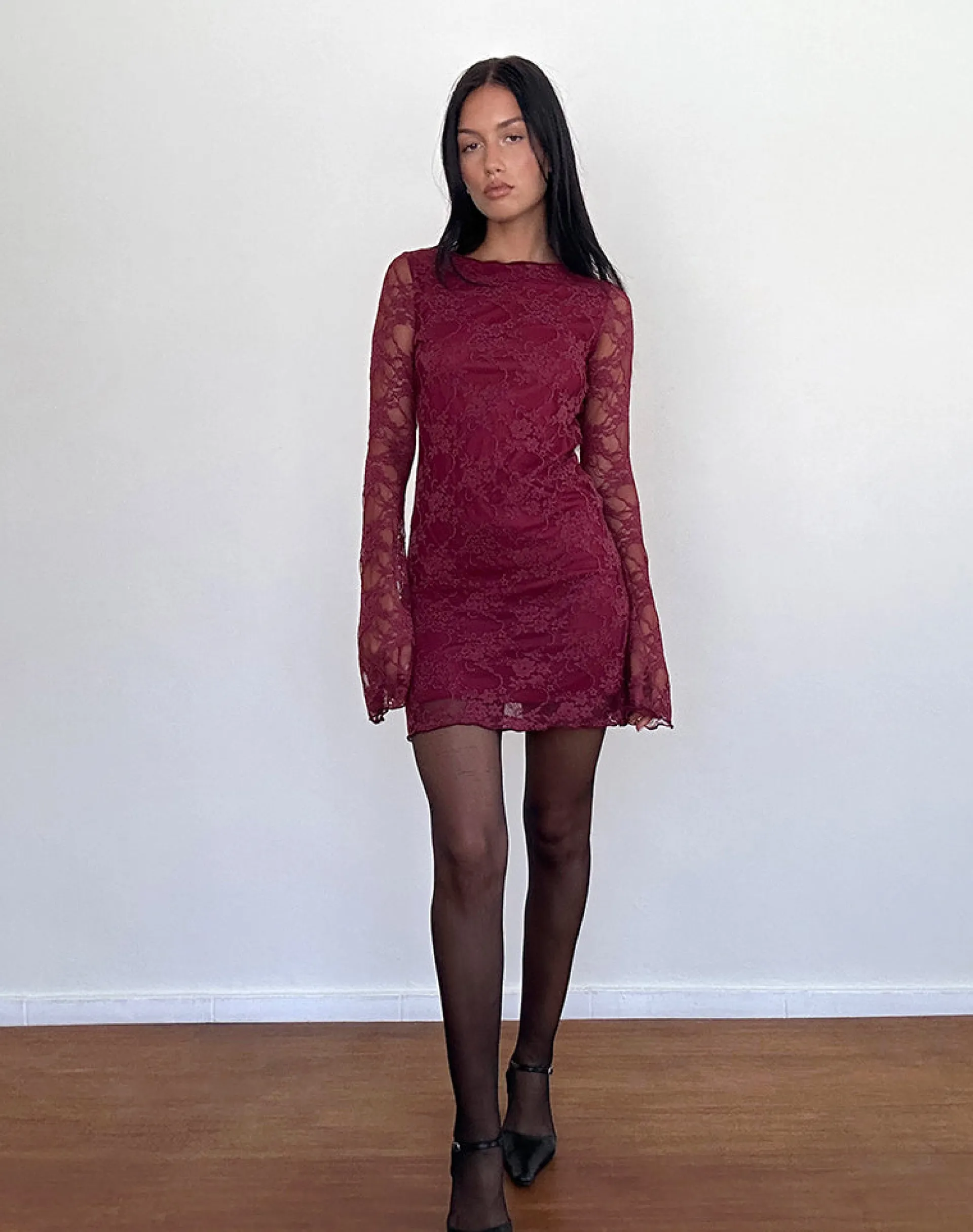 Motel Rocks Long Sleeve Dresses | Party Dresses-Sevila Long Sleeve Mini Dress Lace Burgundy LaceBurgundy