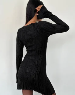Motel Rocks Bodycon Dresses | Long Sleeve Dresses-Sevila Long Sleeve Mini Dress in Crinkle Black CrinkleBlack