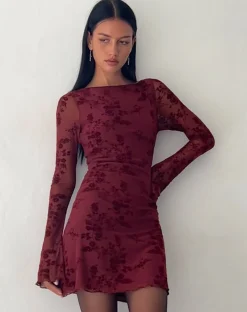 Motel Rocks Printed Dresses | Bodycon Dresses-Sevila Long Sleeve Mini Dress in Flocked Botanical Flower Maroon FlockedBotanicalFlowerMaroon
