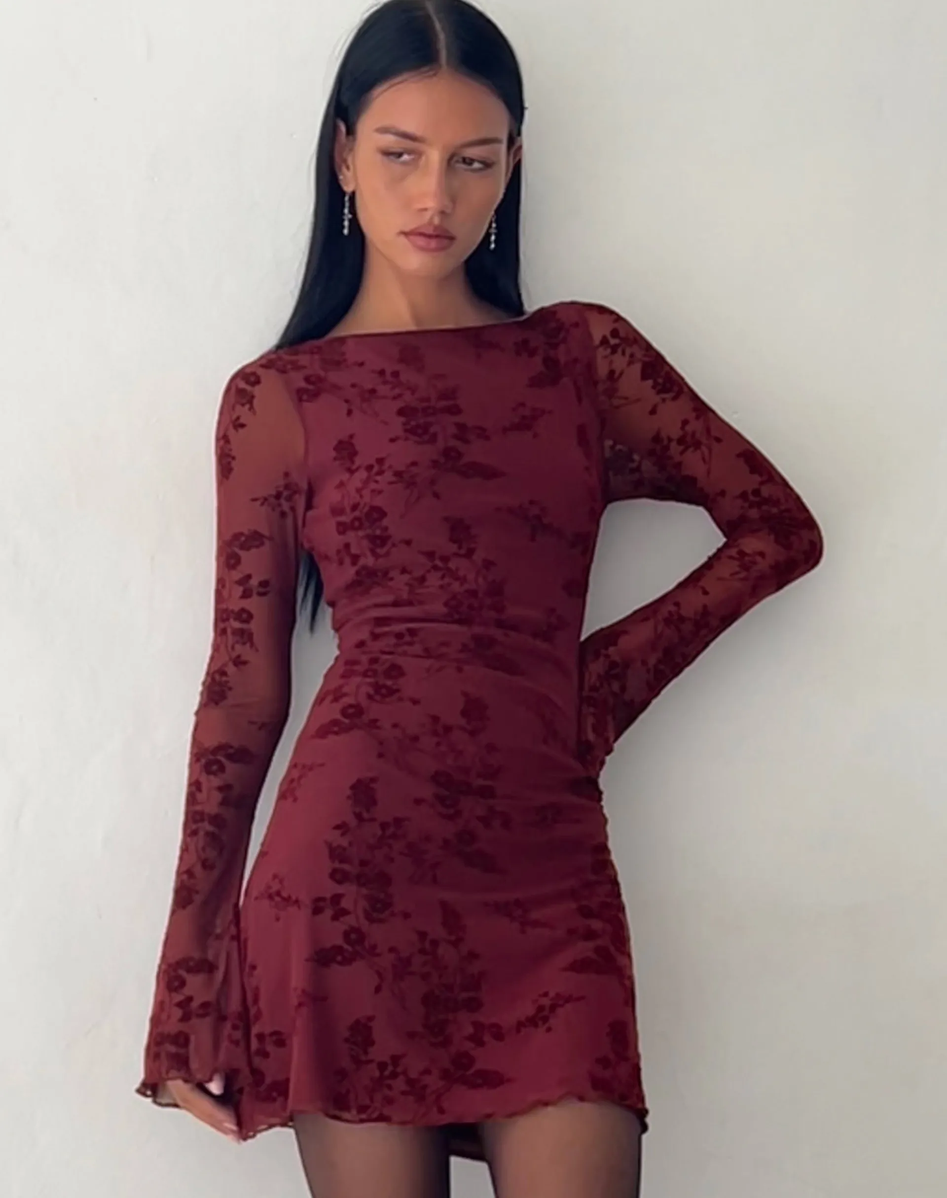 Motel Rocks Printed Dresses | Bodycon Dresses-Sevila Long Sleeve Mini Dress in Flocked Botanical Flower Maroon FlockedBotanicalFlowerMaroon