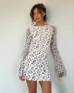 Motel Rocks Printed Dresses | Day Dresses-Sevila Long Sleeve Mini Dress in Stem Flower Flock Brown StemFlowerFlockBrown