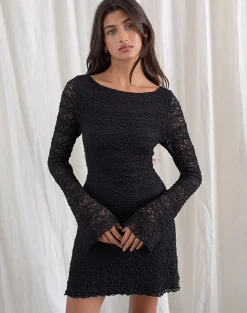 Motel Rocks Bodycon Dresses | Little Black Dresses-Sevila Long Sleeve Mini Dress in Bubble Black Lace BubbleBlackLace