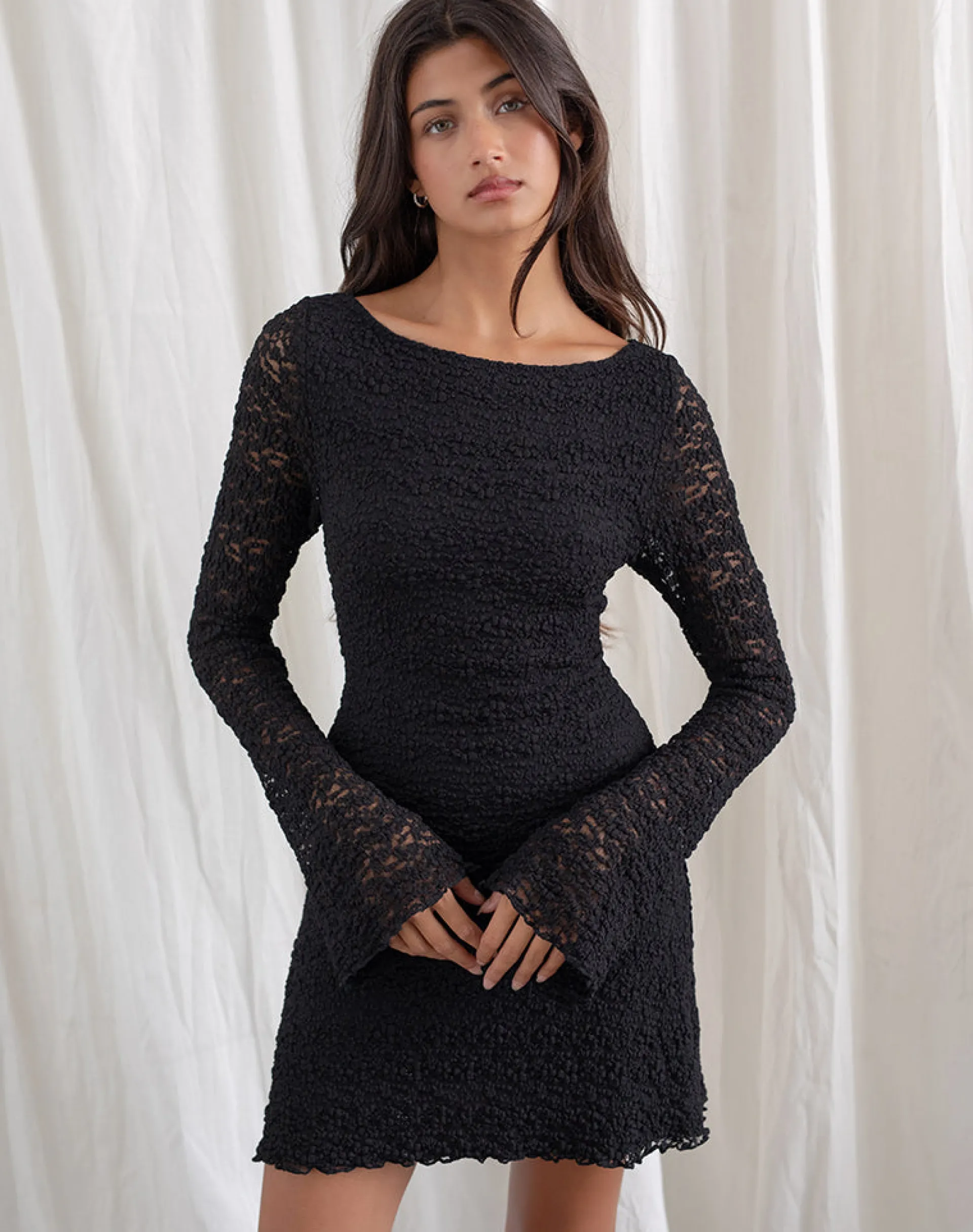 Motel Rocks Bodycon Dresses | Little Black Dresses-Sevila Long Sleeve Mini Dress in Bubble Black Lace BubbleBlackLace