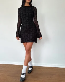 Motel Rocks Long Sleeve Dresses | Bodycon Dresses-Sevila Long Sleeve Mini Dress in Black Queen of Heart Flock BlackQueenofHeartFlock