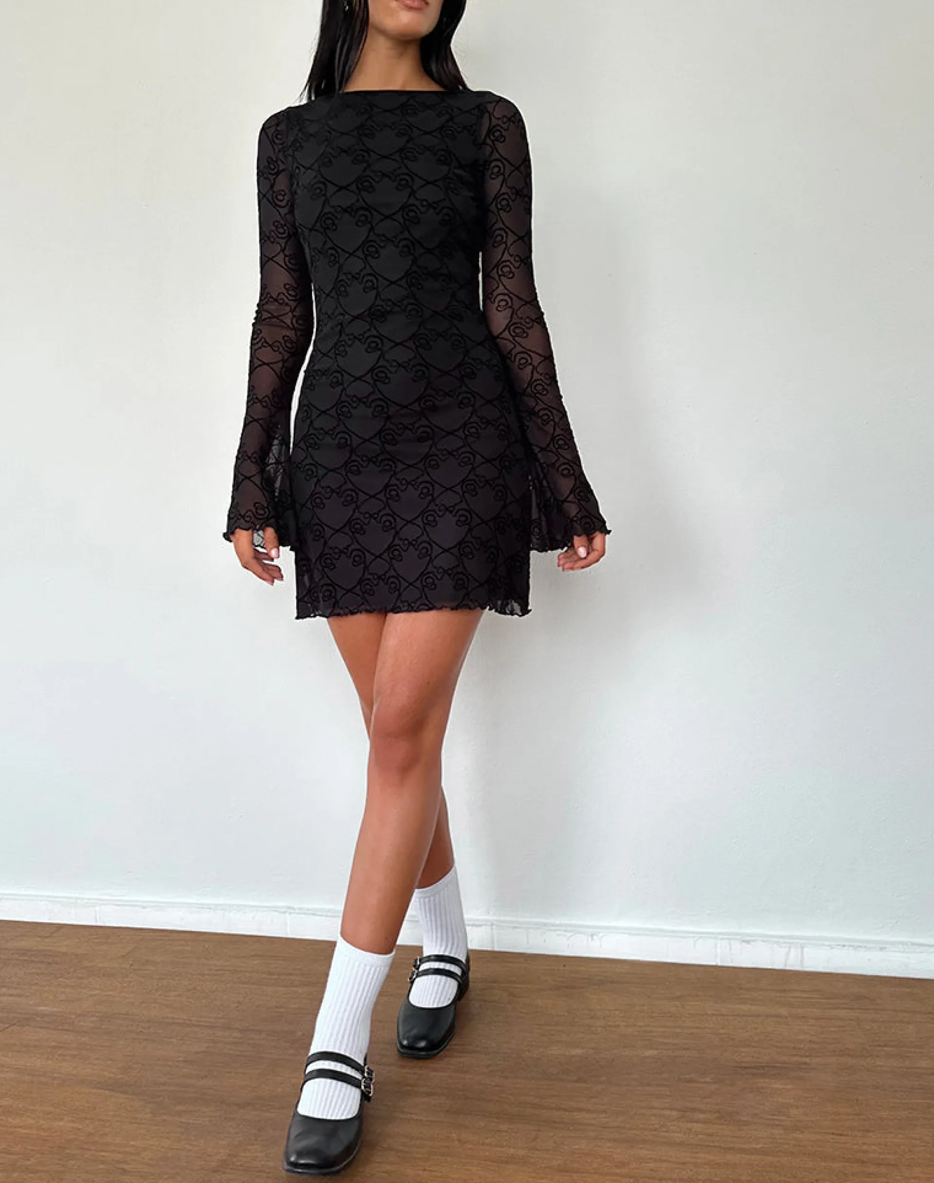 Motel Rocks Long Sleeve Dresses | Bodycon Dresses-Sevila Long Sleeve Mini Dress in Black Queen of Heart Flock BlackQueenofHeartFlock