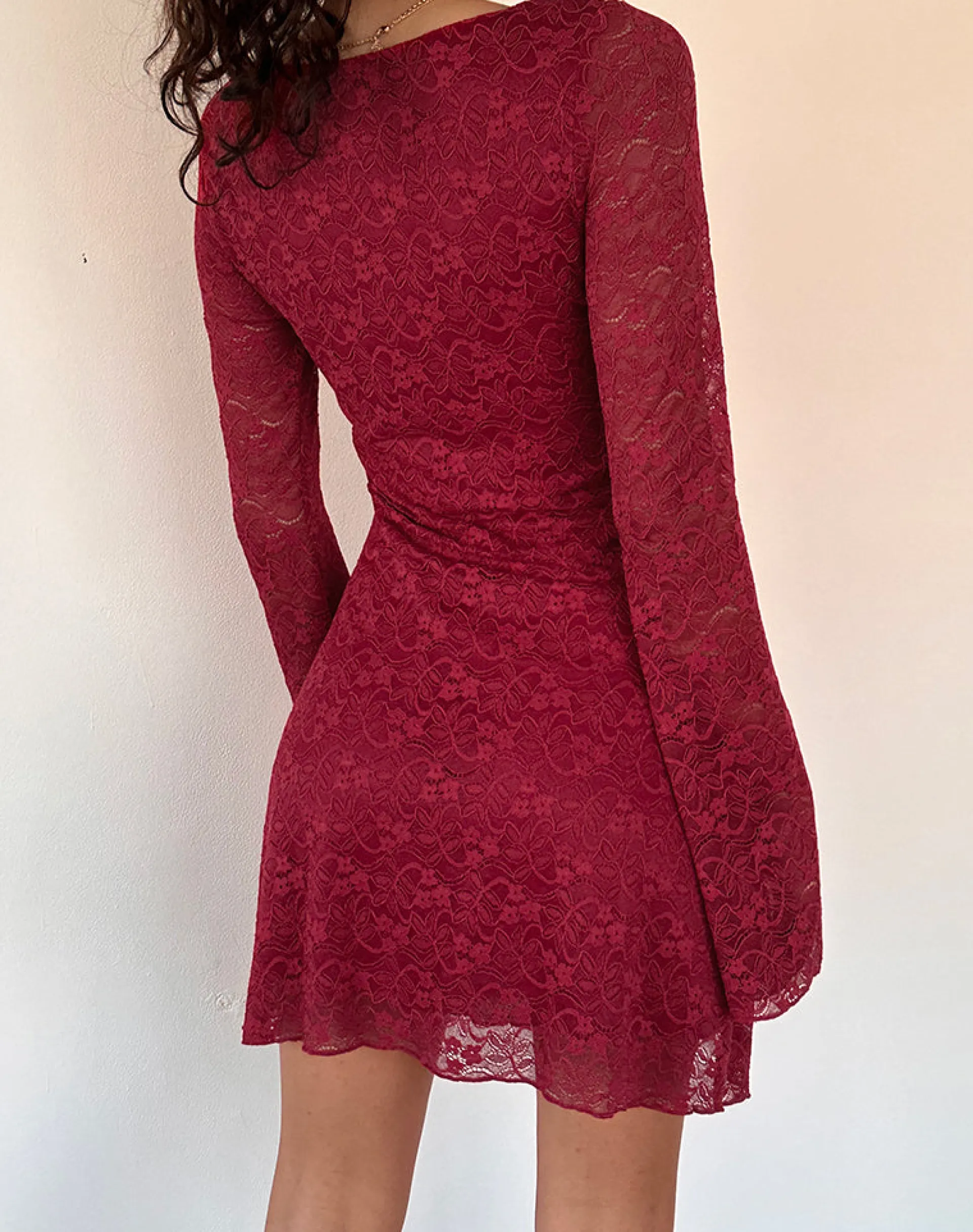 Motel Rocks Day Dresses | Bodycon Dresses-Sevila Long Sleeve Mini Dress in Deep Red Lace DeepRedLace