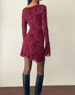Motel Rocks Printed Dresses | Bodycon Dresses-Sevila Long Sleeve Mini Dress in Flocked Botanical Flower Maroon FlockedBotanicalFlowerMaroon